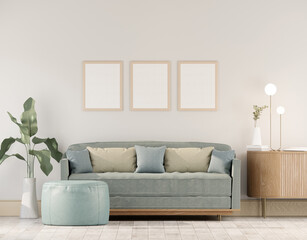 Three picture frames mockup on the empty white wall  living room interior, Living room, 3D Rendering