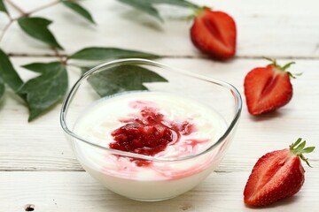 Facial mask  from yogurt and strawberries. Edible ingredients for facial mask good for complexion.