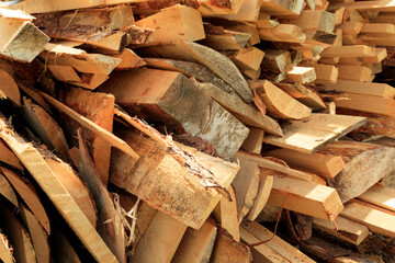 Waste from woodworking before recycling. Wood waste is used in the furniture industry, the construction industry or as fuel. woodworking waste