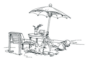 hand drawn illustration of beach chair and umbrella vector for card illustration decoration background