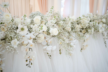 Main table at a wedding reception with beautiful fresh flowers and candles.
