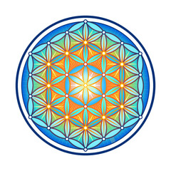 Blue Symbol Flower of life. The flower of life is a symbol of sacred geometry and the universal forgotten language of the universe. It reveals the knowledge contained in the deep memory of living and 