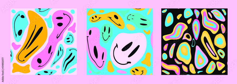 Aufkleber set of hippie retro posters with melting and distorting shapes.