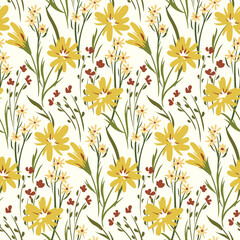 Seamless floral pattern, natural ditsy print with wild plants on a light field. Elegant botanical background with painted flowers, leaves and herbs, gentle meadow. Vector illustration.