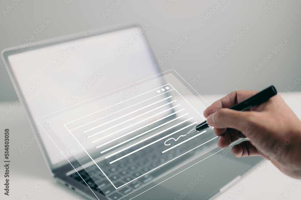 Aufkleber electronic signature concept. electronic document, digital form attached to an electronically transmitted document, verification of intent to sign an agreement and legal deal.