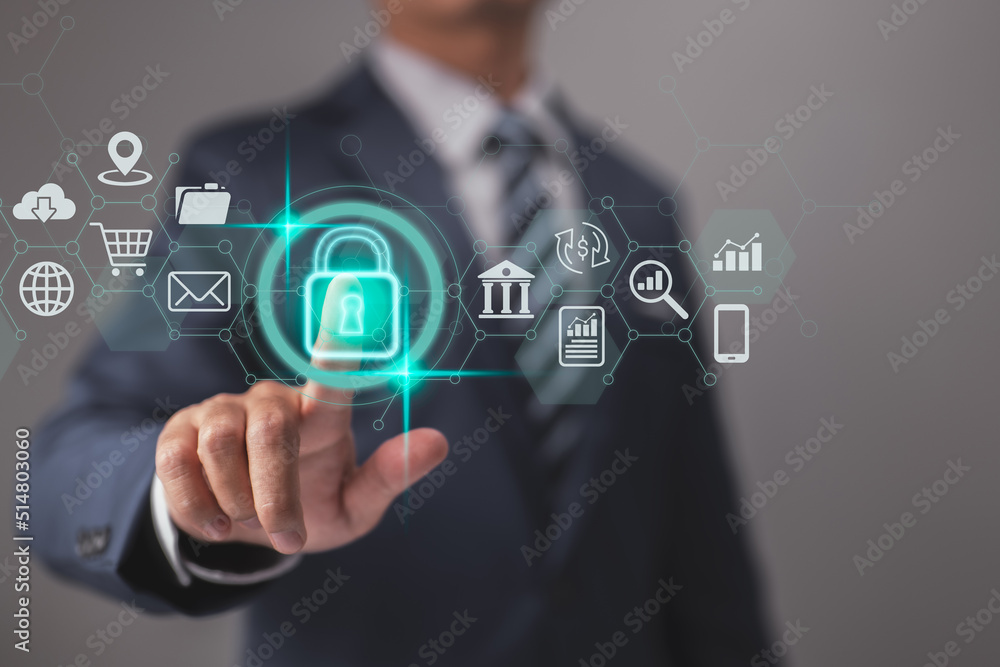 Poster To secure data, cybersecurity and privacy ideas are used. Internet network security technologies and the lock symbol. To secure personal data, a businessman employs virtual screen interfaces.