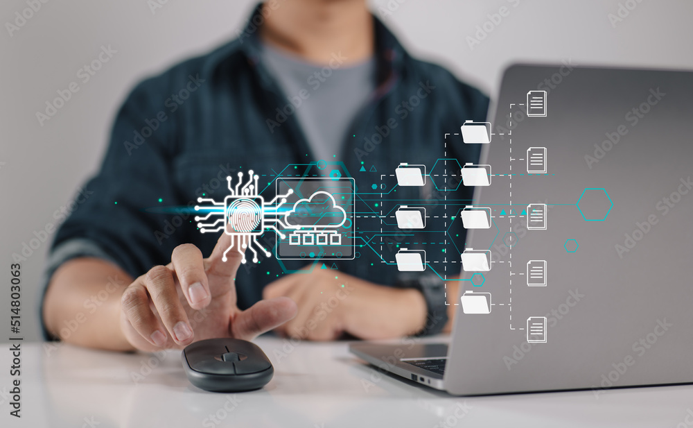 Poster Fingerprint scanning and biometric authentication. system for document management (DMS). software that automates the archiving and management of data files. concept of Internet technology.