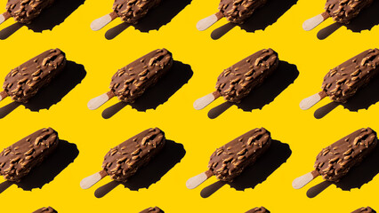 Chocolate ice cream pattern with almonds on yellow background. Refreshing summer concept