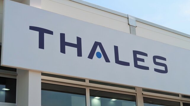 Enseigne / logo de l&rsquo;entreprise d&rsquo;&eacute;lectronique Thales, industrie fran&ccedil;aise de d&eacute;fense / a&eacute;ronautique / a&eacute;rospatial, sur la fa&ccedil;ade de son stand au salon Eurosatory de juin 2022 (France)