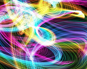 bright neon lines swirling on a dark background, yellow and blue lines