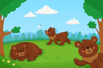 Obraz na płótnie Canvas Cartoon brown bears in forest. Funny mammals in woodland clearing, wilde nature characters, big cave grizzly, wild animals walking, kids background, recent vector isolated concept