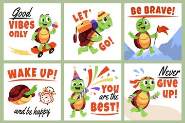 Cartoon turtle cards. Cute little animal mascots, different actions and emotions, funny reptiles, recreation and travel, inspirational and motivational childish poster, tidy vector set