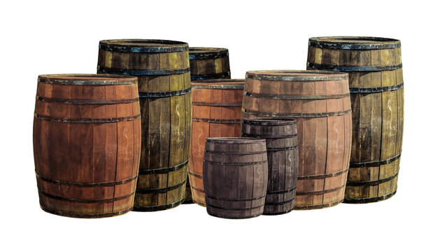 set of wooden beer barrels, stand upright on white isolated background