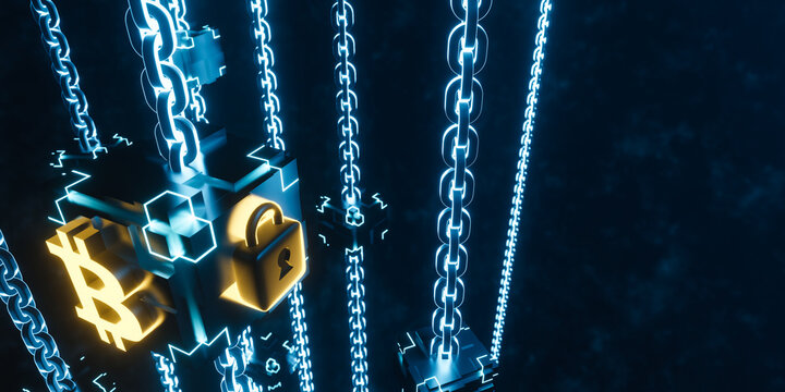 3d rendering glowing cube with chain, bitcoin currency symbol and padlock on dark background. Concept blockchain technology and cryptocurrency illustration.