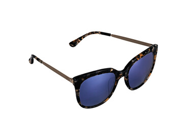 Closeup view of stylish dark blue sunglasses isolated on white background with clipping path.