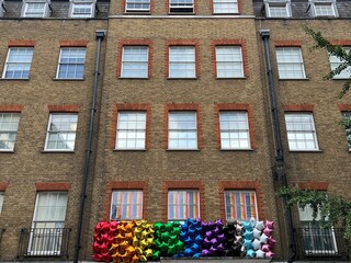 Rainbow color balloon decoration in Soho, London