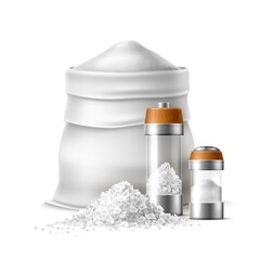 Realistic salt composition. Food products, salty cooking ingredient, white powder and crystals in bag and heaps, saltshakers and bunch, granular 3d isolated elements, utter vector concept
