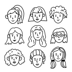 Vector doodle set of different women and girls faces. Linear icons of a women with different hairstyles