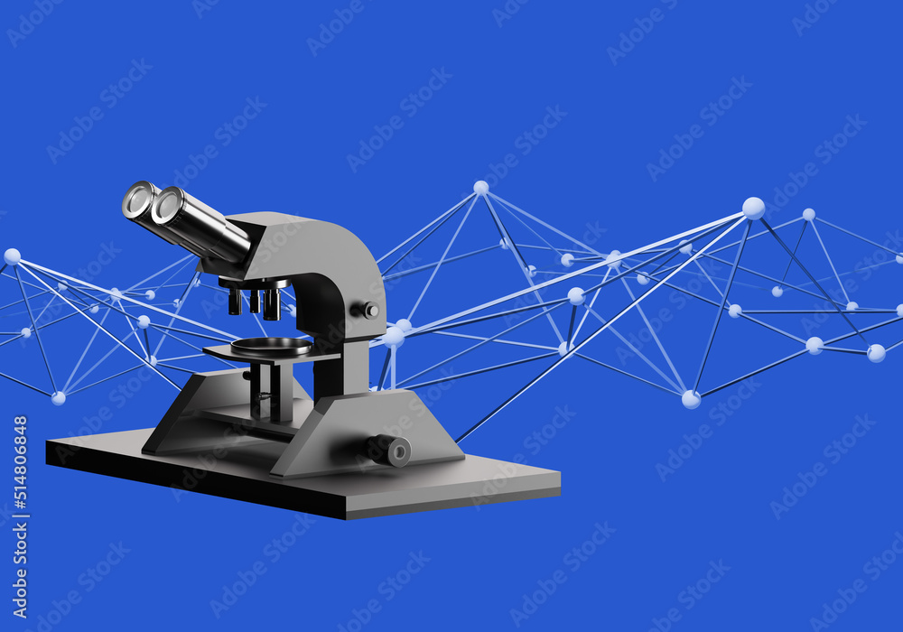 Poster scientist microscope. minimalistic microscope on blue. device for medical research. examination of s