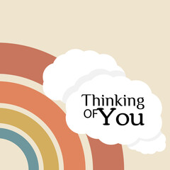 Vector lettering illustration. 70s retro style. Send me thinking of you slogan for graphic tee shirt. Icon of rainbow with daisy. Print to poster, sticker, banner, flyer, badge, advertising