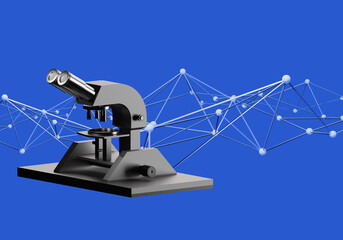 Scientist microscope. Minimalistic microscope on blue. Device for medical research. Examination of specimens under magnification. Visualization of microscope for doctor. 3d rendering.