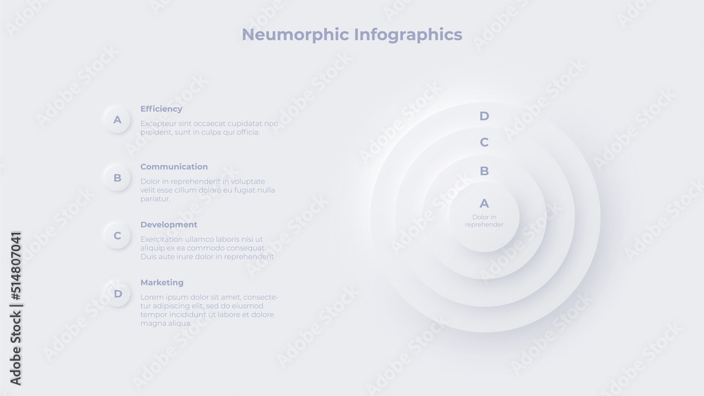 Poster four circle elements with letters. concept of layers business model. creative infographic presentati