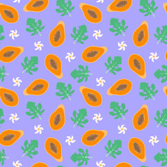 Seamless papaya pattern. Summer fruits, leaves and flowers. Vector illustration. Pastel tropical print for fabric, wallpaper, decor, wrapping paper, food package, vegan menu. Hand drawn doodle style