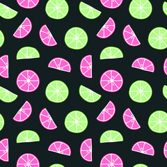 Seamless citrus pattern. Juicy fresh lime and grapefruit slices isolated on dark background. Fruit print for fabric, wrapping paper, wallpaper. Hand drawn flat style. Cute summer vector illustration