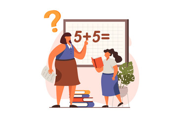 School teacher web concept in flat design. Woman tutor asking question, schoolgirl solving mathematical problem at blackboard. Education and gain knowledge. Illustration with people scene