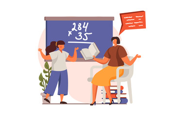 School teacher web concept in flat design. Teacher checks student homework. Schoolgirl answers question standing at blackboard. Education and gain knowledge. Illustration with people scene
