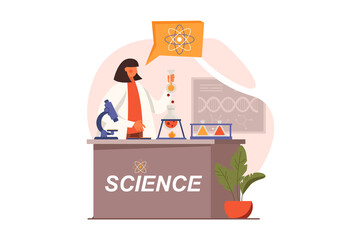 Science laboratory web concept in flat design. Woman scientist making test on lab equipment. Researcher examines liquids in test tubes. Chemistry and physics. Illustration with people scene
