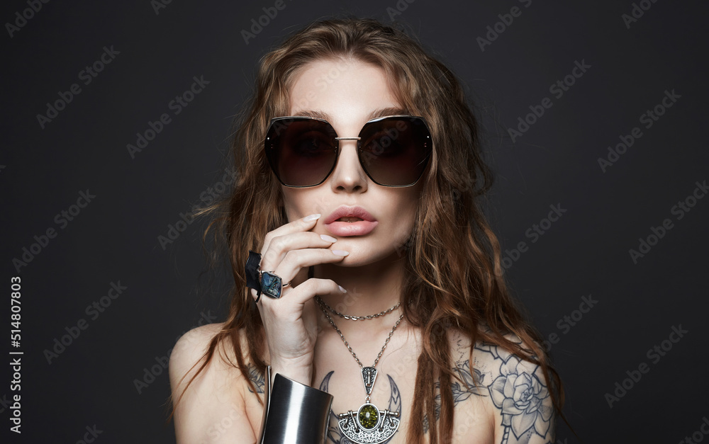 Canvas Prints portrait of Beautiful sexy woman with tattoo. beauty tattooed girl in sunglasses