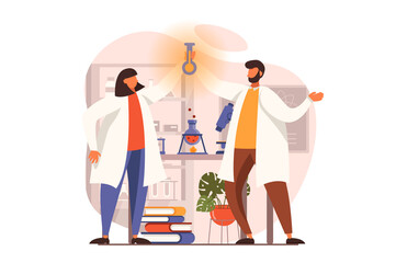 Science laboratory web concept in flat design. Woman and man make scientific discovery and hold test tube with new substance. Scientists make lab experiments. Illustration with people scene