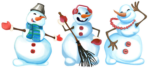 Set of snowmen in different poses. Snowmen dancing, with a broom and a bucket on their heads. Watercolor character in cartoon style, for Christmas cards and invitations.