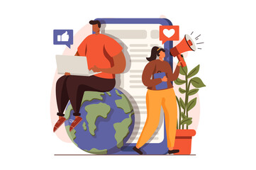 Social media marketing web concept in flat design. Woman with megaphone attracts new followers. Man browsing content and ads online. Advertisement and promotion. Illustration with people scene