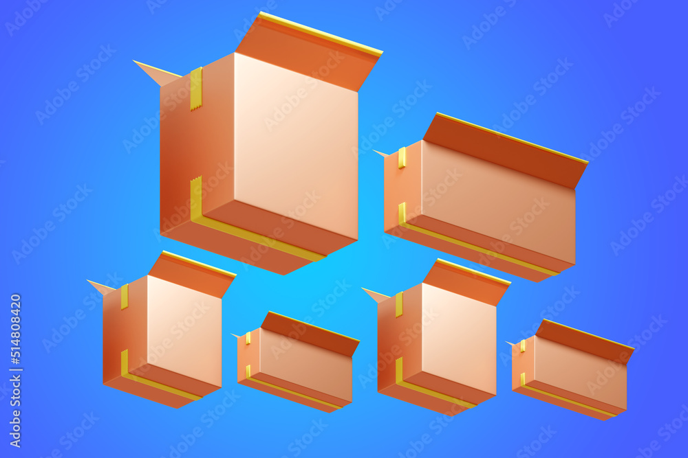 Poster open boxes. cardboard boxes of different sizes. several open parcels on blue. cartoon style boxes fo