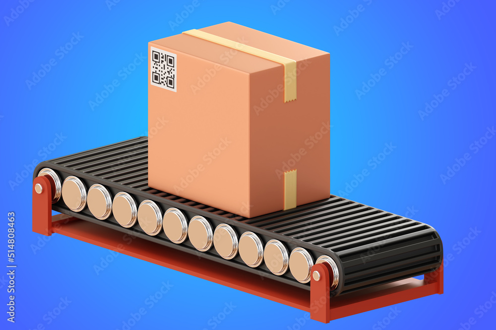 Poster logistic conveyor with box. technology concept for logistics warehouse. cardboard box with qr code. 