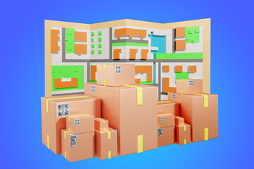 Boxes with map of city. Postal delivery of orders. Street map for courier service. Delivery of orders to door. Boxes with QR code and adhesive tape. Delivery card on blue. 3d rendering.