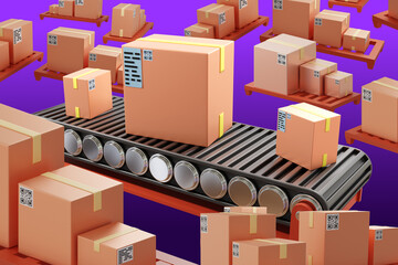 Delivery service. Boxes around conveyor. Background with delivery boxes. Boxes for couriers on purple background. Delivery fulfillment service. Cartoon decorations for postal business. 3d image