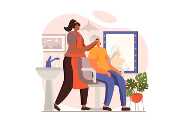 Spa salon web concept in flat design. Professional cosmetologist makes facial massage for female client in cosmetology clinic. Woman receives beauty treatment. Illustration with people scene
