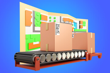 Boxes are moved on conveyor. Automation of courier warehouse. Cardboard boxes on conveyor. Automated warehouse with parcels. Courier boxes on blue. Modern courier technologies. 3d rendering.