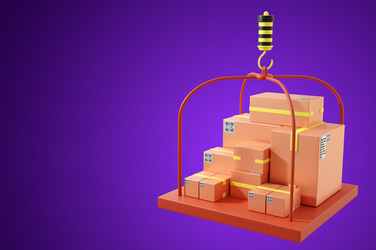 Courier boxes. Several boxes are hanging on hook. Place for text. Courier business. Copy space on purple. Scenery for advertising courier company. Delivery service banner template. 3d rendering.