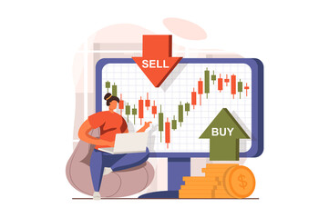 Stock market web concept in flat design. Businesswoman analyzing trends and charts, buys and sells stocks, forex trading, invests money and increases her income. Illustration with people scene