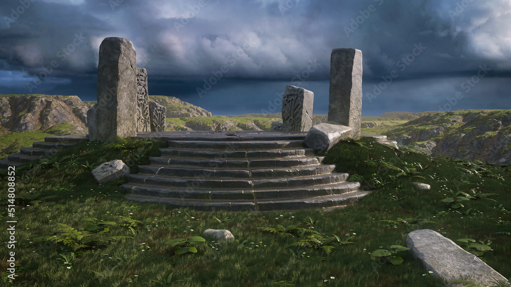 Aufkleber 3D rendering of an ancient mystical fantasy stone circle temple in a mountain landscape under stormy sky.