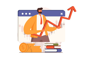 Stock market web concept in flat design. Businessman analyzing trends and holding arrow up, trading, invests money, creates financial strategy, increases profit. Illustration with people scene