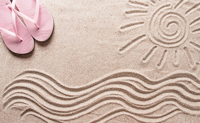 Fototapeta na wymiar Abstract background, Summer wallpaper, drawing on sand, sea waves and sun, women's beach flip-flops, horizontal , no people,