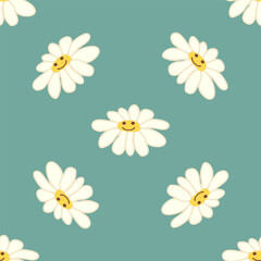 Groovy daisy retro seamless pattern. Positive colorful iilustration. 70s vibe hippie ornament.