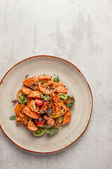Salad, crispy eggplant in batter, with cherry, sesame seeds, olive oil, homemade, no people,
