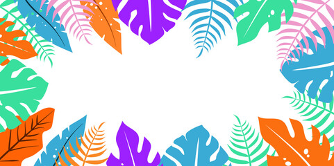 colorful background Tropical, trendy, template design for poster, greeting or invitation card, cover, party, advertisement, sale banner. Background with frame made of tropical leaves and flowers with 