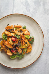Salad, crispy eggplant in batter, with cherry, sesame seeds, olive oil, homemade, no people,